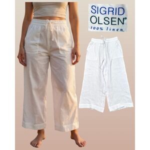 Sigrid Olsen 100% Linen Wide‎ Leg Beach Pants Women's Large White Boho Coastal